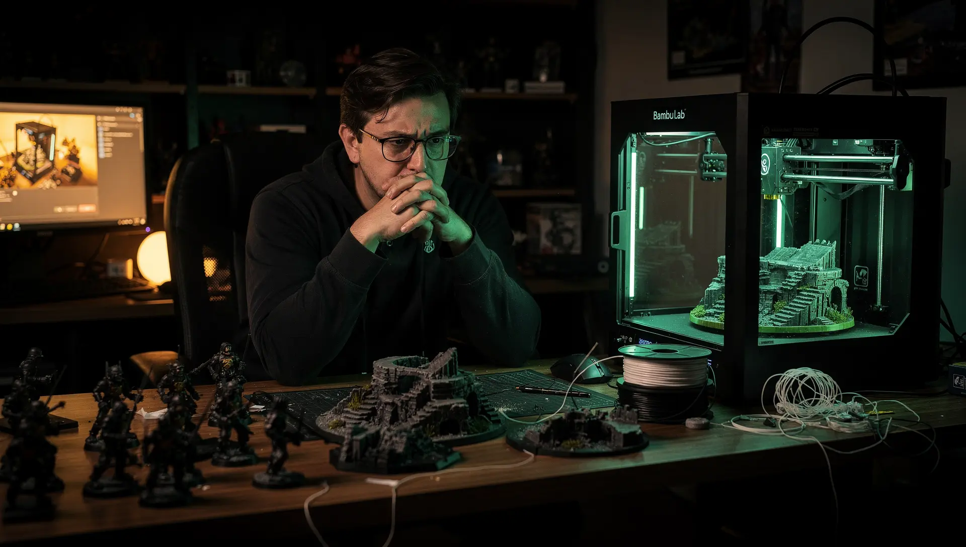 A hobbyist at 3AM illuminated by the glow of a Bambu Lab 3D printer