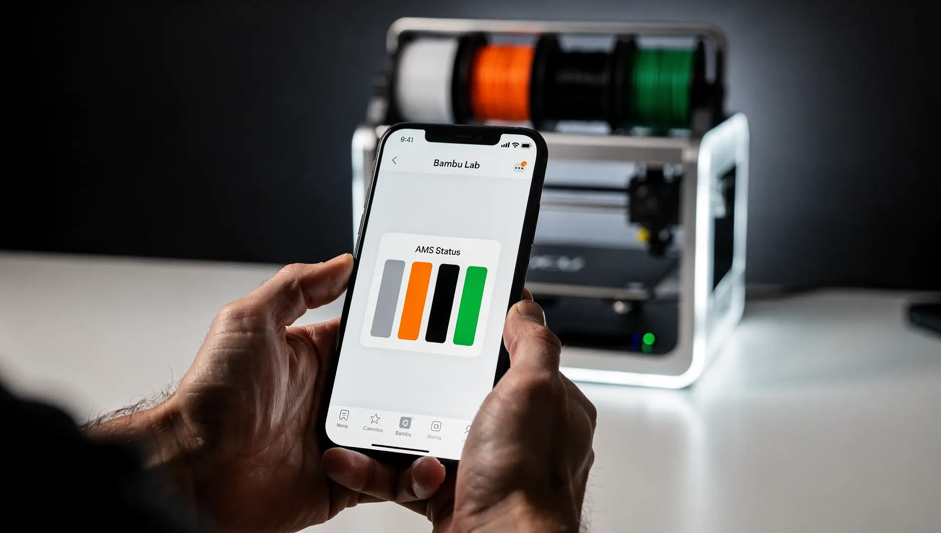 The moment of inspiration - hands holding a phone showing AMS filament colors