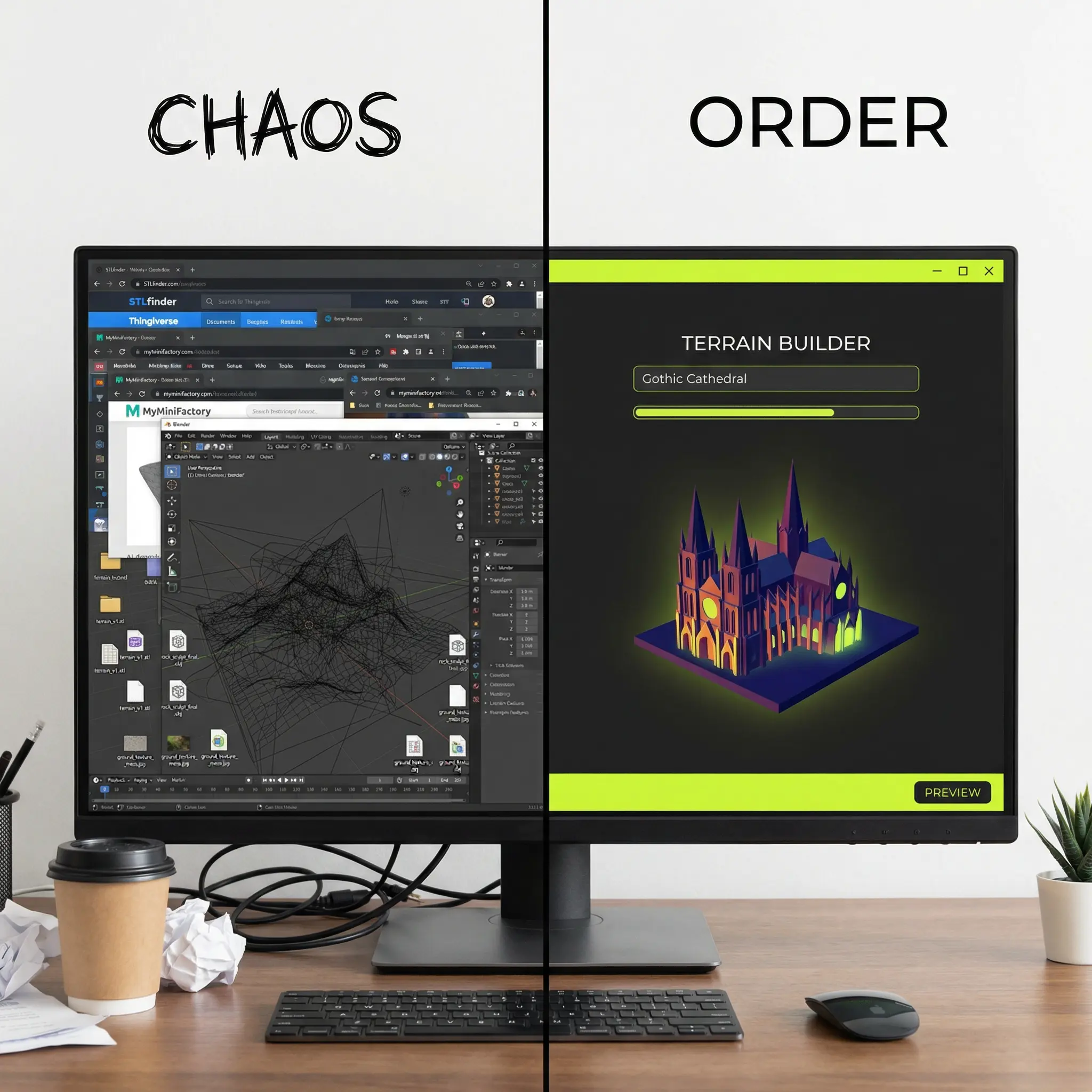 Chaos vs Order - cluttered workflow compared to clean Terrain Builder interface