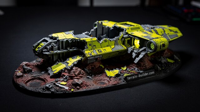 Crashed spaceship wreckage with debris and battle damage