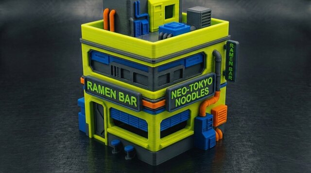Cyberpunk ramen bar with neon signs and detailed interior