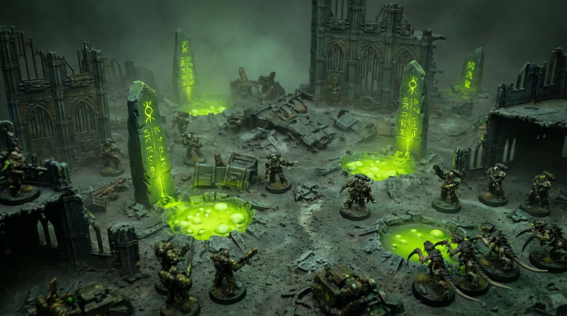 Multi-color modular 3D terrain with detailed buildings and landscapes for tabletop wargames